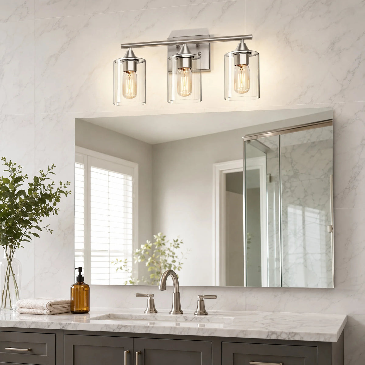 Three Light Brushed Nickel Bathroom Vanity Light With Clear Glass