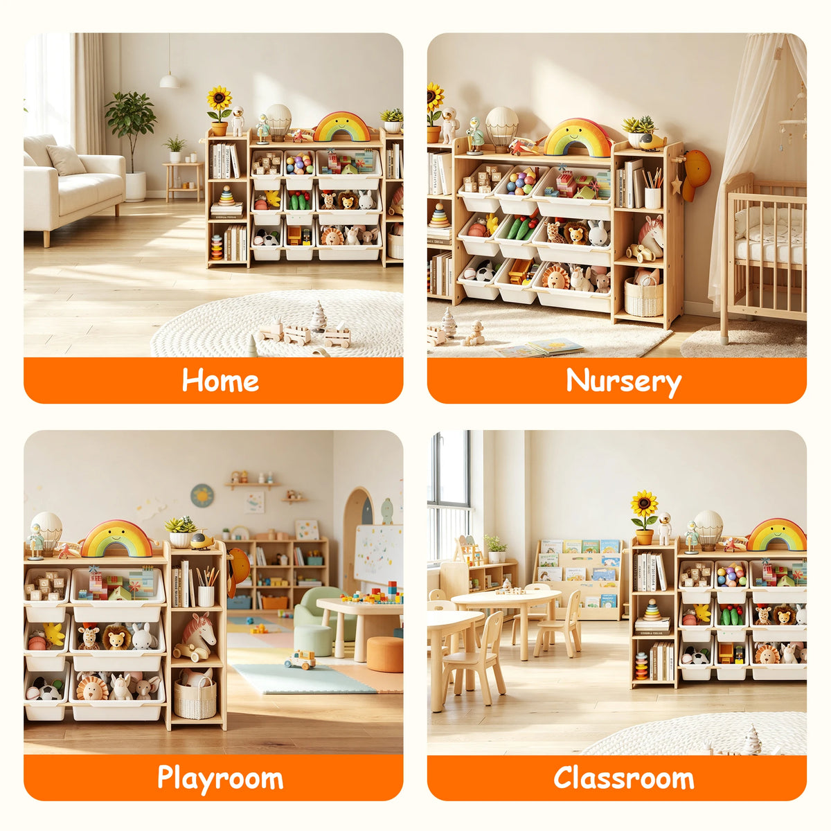 White Toy Storage Organizer with 6 Shelves 9 Bins & 6 Hooks Kids Bookshelf for Playroom Nursery Bedroom Toddler Room - Toy Organization Unit