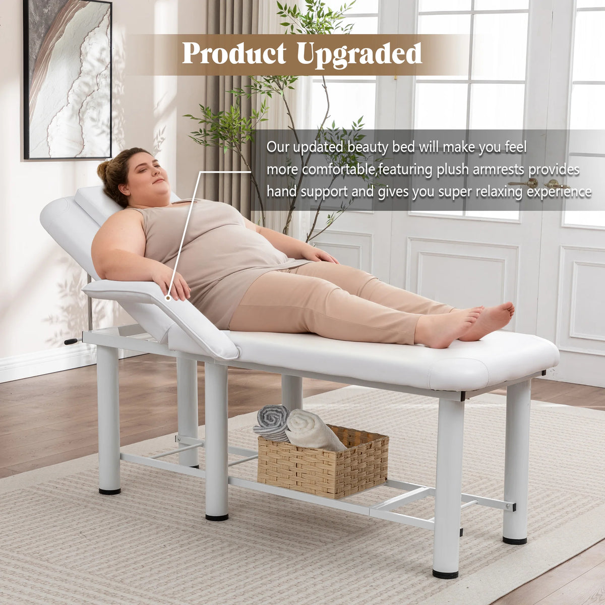 Professional Beauty Bed with Removable Headrest Breast Cushions Armrests and Storage Shelf for Massage Facial Tattoo Spa White