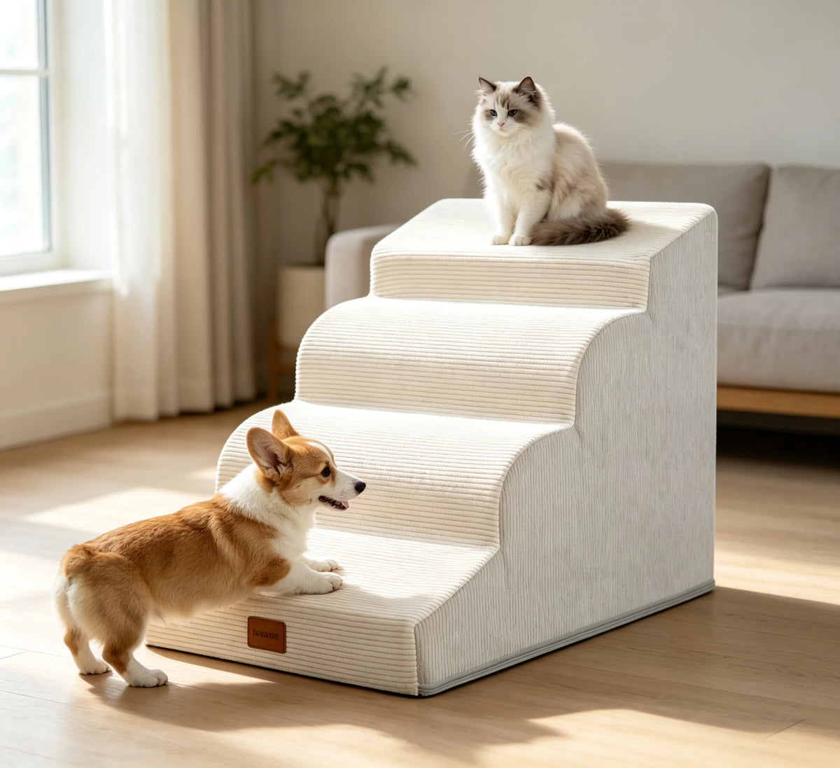 Dog Stairs for Small Dogs Cats, 3/4/5 Steps High Density Foam Pet Steps Ramp, Non-Slip Bottom Removable Washable Cover Pet Stair for Bed Sofa Couch Car, Support Up to 50Lbs for Senior Injured Short Leg Pets