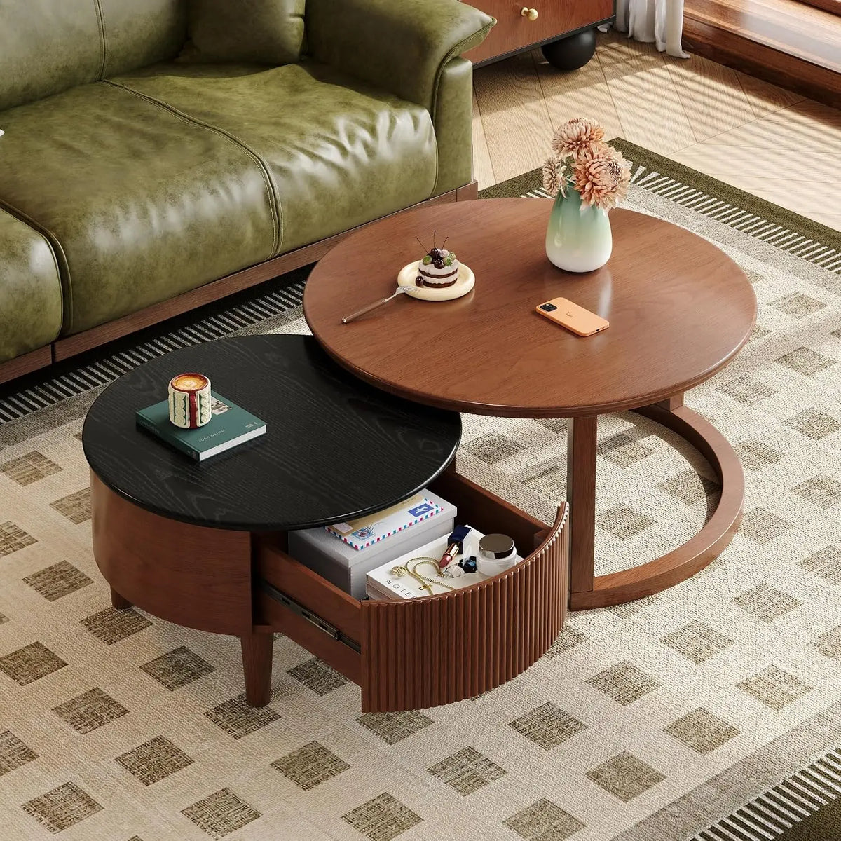 Modern Round Nesting Coffee Table with Marble Top, White & Gold Nesting Coffee Table Set of 2 Center Table with, Customized