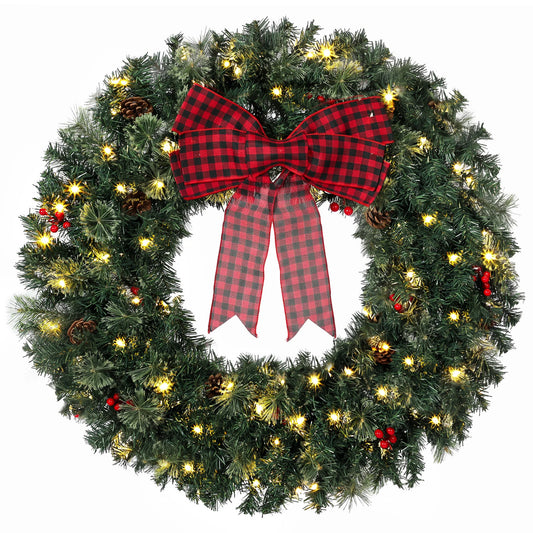 HOMCOM 36 in Pre-Lit Crestwood Spruce Artificial Christmas Wreath, Christmas Decoration with Bow, 100 LED Lights, 330 Tips, 8 Modes, Red Berries, Pinecones for Door, Indoor Covered Outdoor, Green
