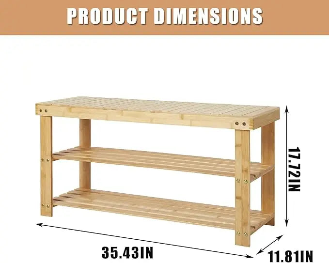 Shoe Rack Bench, 3-Tier Bamboo Shoe Storage Organizer with Seat, Heavy Duty Entryway Bench for Hallway Living Room Bedroom