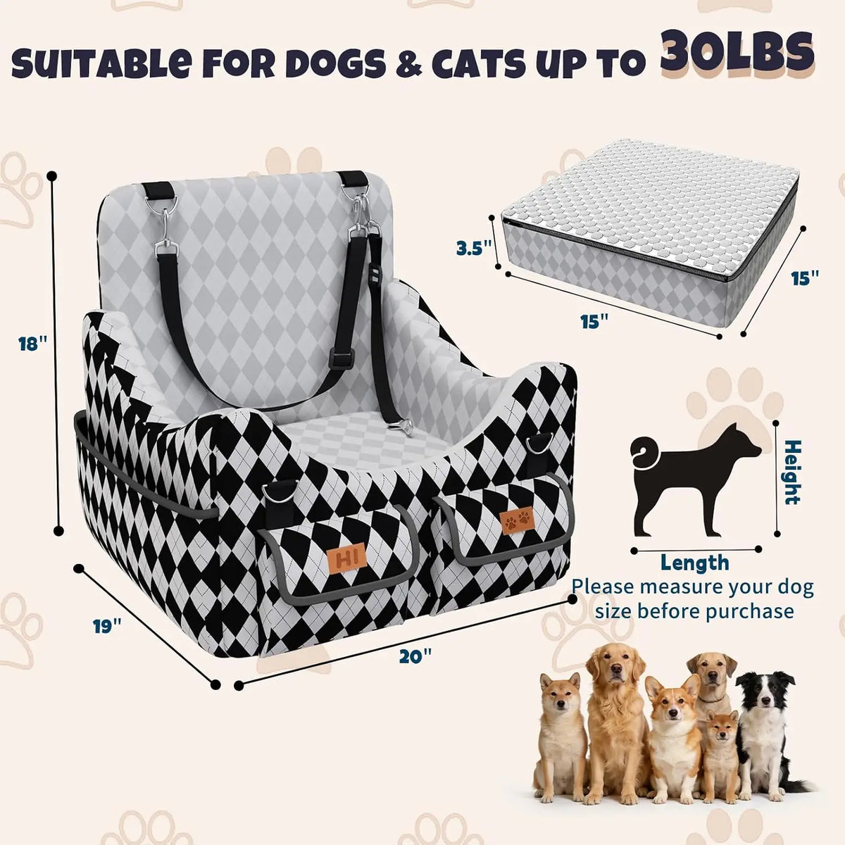 Dog Car Seat for Small/Medium Dogs up to 35lbs, 4-Pocket Storage Memory Foam Dog Booster Seat, Detachable Washable Pet Car Seat with Safety Belt, Outdoor & Indoor Use