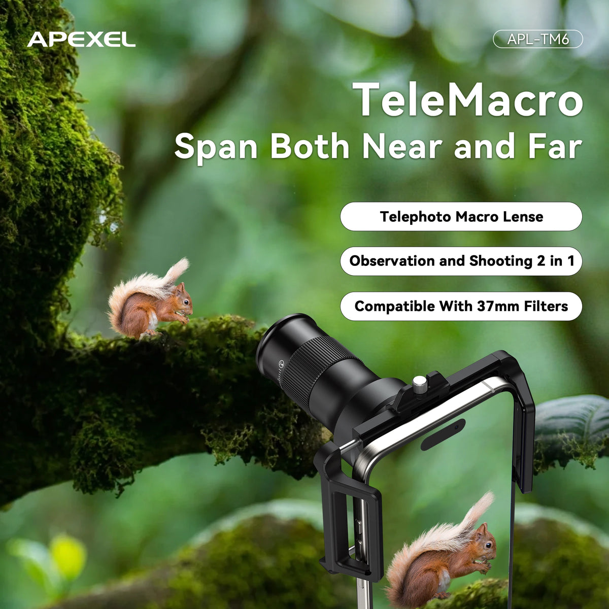 APEXEL 2in1 Telephoto Macro Lens Observation 6X Telescope Lens for IPhone 18/17/16 Samsung Xiaomi and All Smartphones Shooting Mobile Phone Lens Accessories