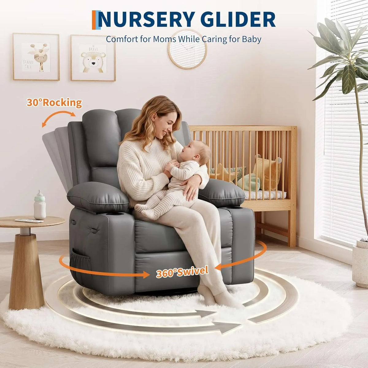 TACLEEKII Swivel Rocker Recliner Chair With Heat Massage Cup Holders