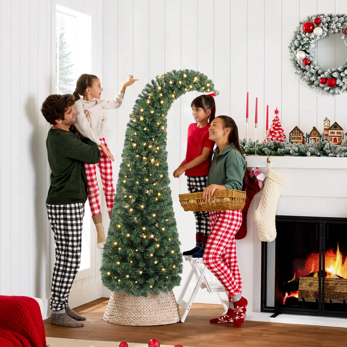 HOMCOM 6 ft Prelit Whimsical Christmas Tree, Slim High Mountain Fir Holiday Decor with 200 Warm White LEDs and 8 Modes, Xmas Tree with 493 Tips and Metal Stand for Home Office, Green