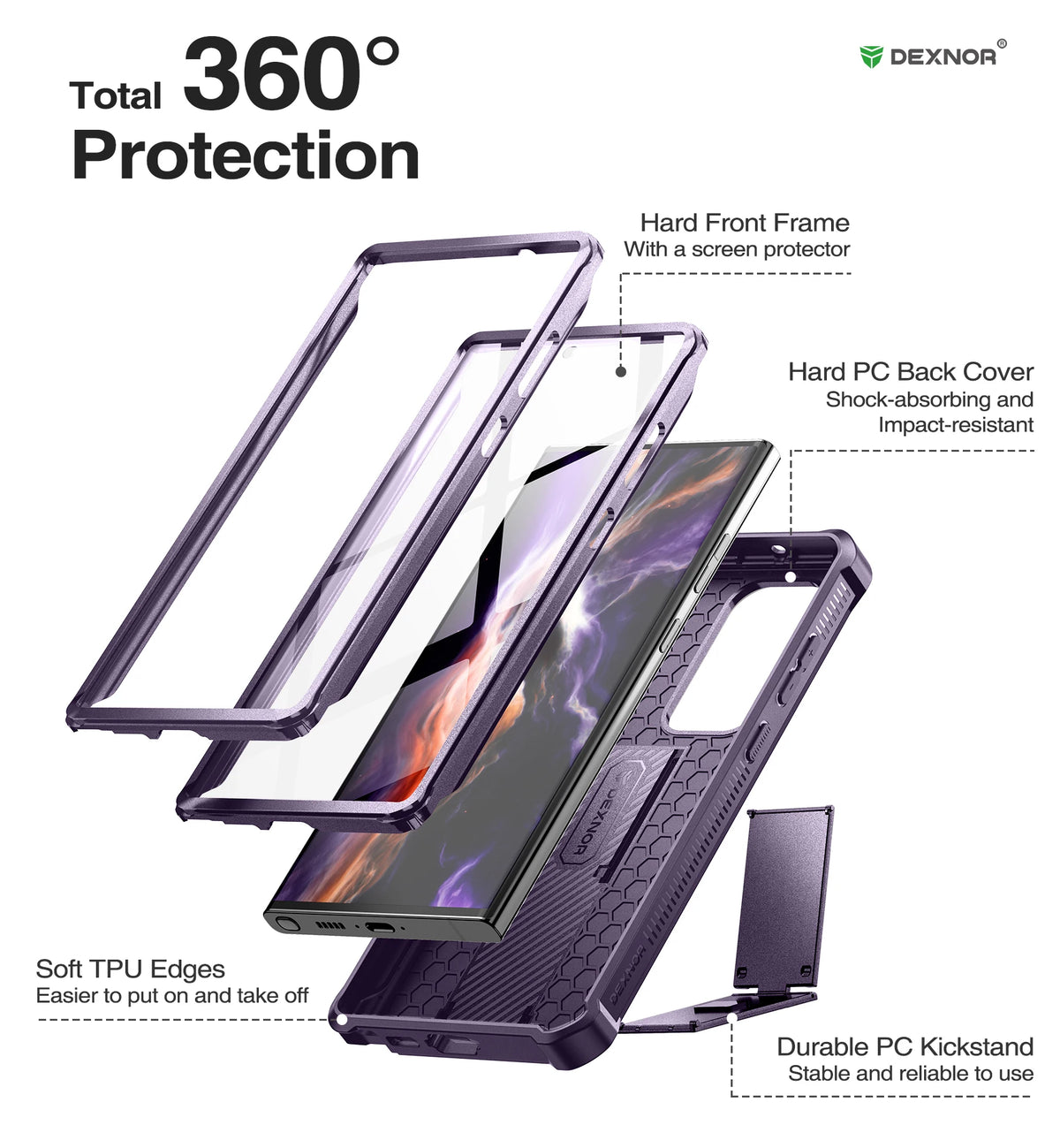 Dexnor for Samsung Galaxy S23 Ultra Case Full Body Heavy Duty Military Grade Protection Built-in Screen Protector and Kickstand