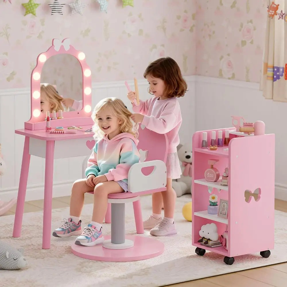 Kids Vanity Set with Light and Barber Chair, Pink Makeup Dring Vanity Table with Storage Shel and Hair Sn Play Set 7 pcs Accorie