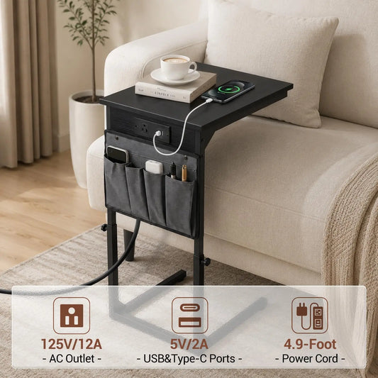 C-Shaped End Table with Charging Station and Power Outlet, Adjustable Height 18-32 Inch Couch Side Table with Hanging Organizer, Multi-Functional Bedside Table for Living Room, Bedroom, Office