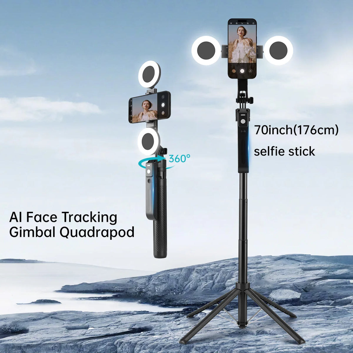2025 New AI Selfie Stick Tripod, 360° Face Tracking. Multi-func Phone Mount W/ Remote & Fill Light, Adjustable Height, Sturdy Base. Compatible W/ IPhone & Android, For YouTube Recording & Travel Photography. Sleek Metal Fini