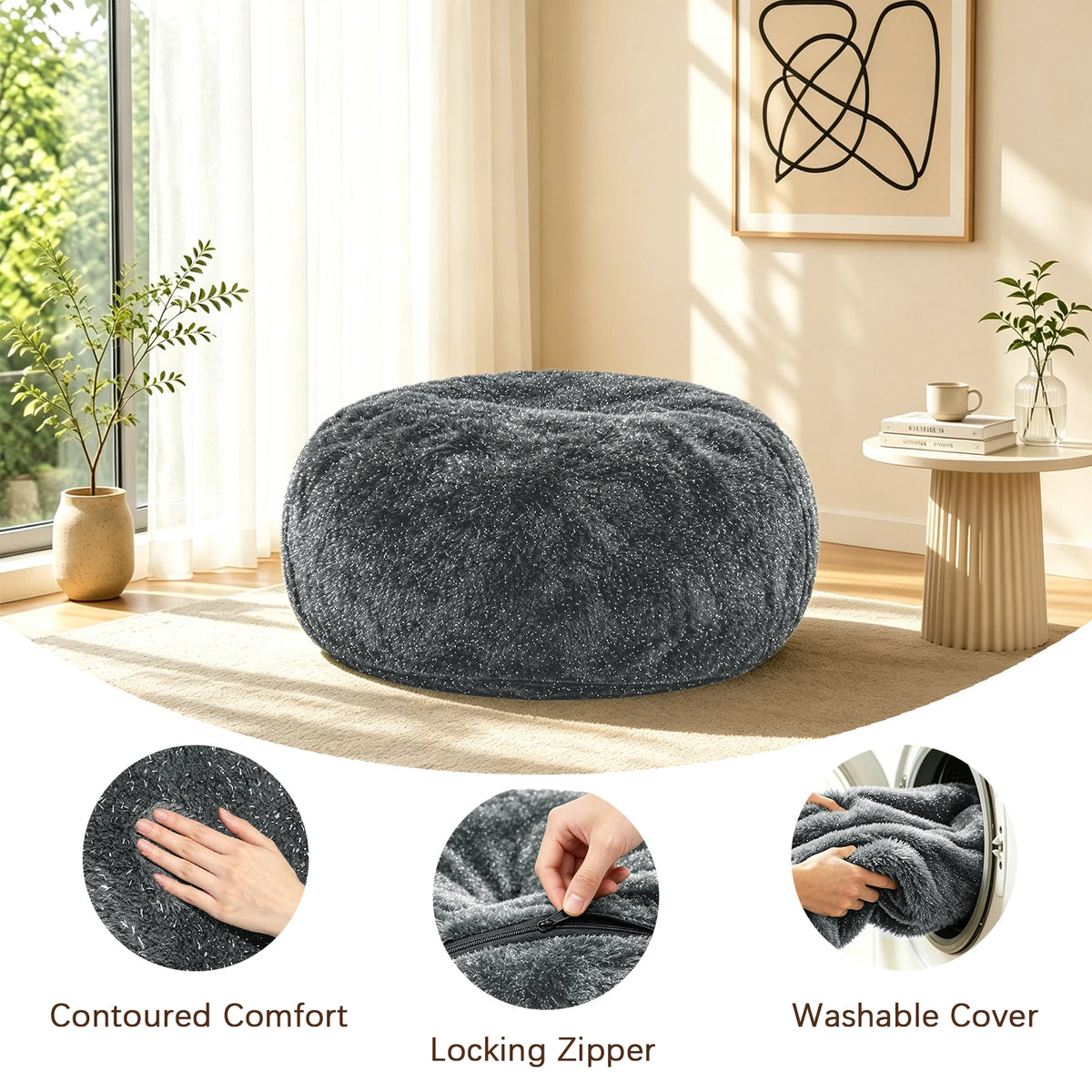 Fluffy Faux Fur Bean Bag Chair With Rebound Memory Foam