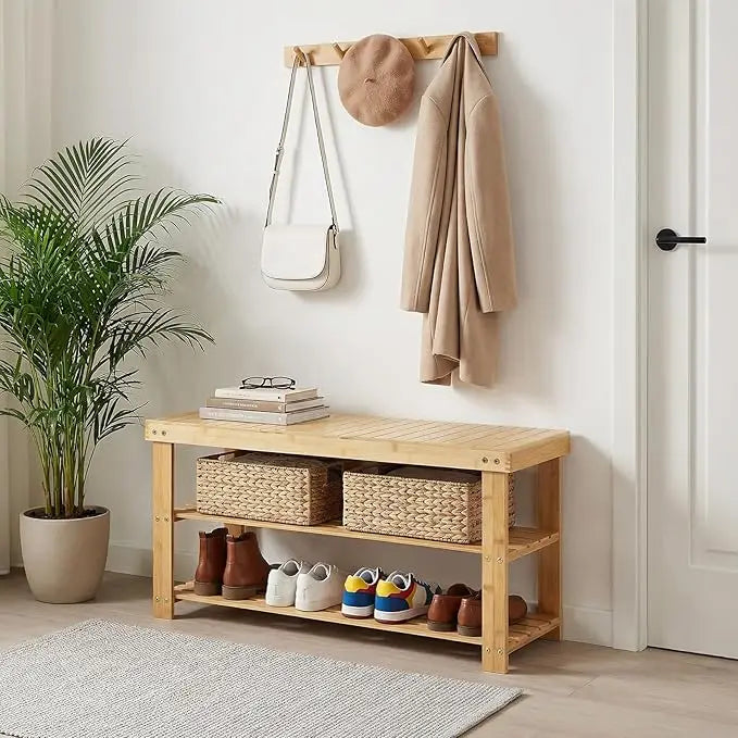 Shoe Rack Bench, 3-Tier Bamboo Shoe Storage Organizer with Seat, Heavy Duty Entryway Bench for Hallway Living Room Bedroom