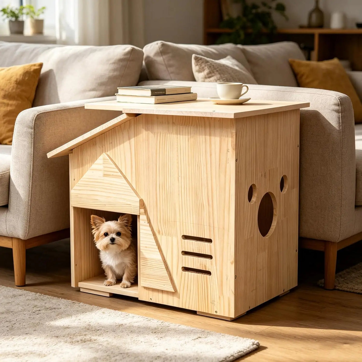 Small Indoor Dog House - Handcrafted Wooden Pet Shelter for Puppy, Natural Solid Wood Cozy Habitat, Easy Assembly Home Decor