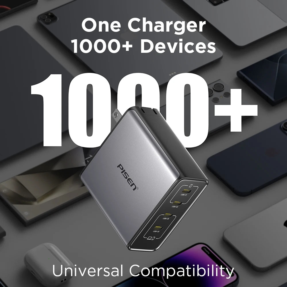 PISEN 160W GaN Charger 4 USB C Port & 1.8m Fast Charging Cable PD3.1 Quick Charger for MacBook Laptop Tablet iPhone Samsung iPad