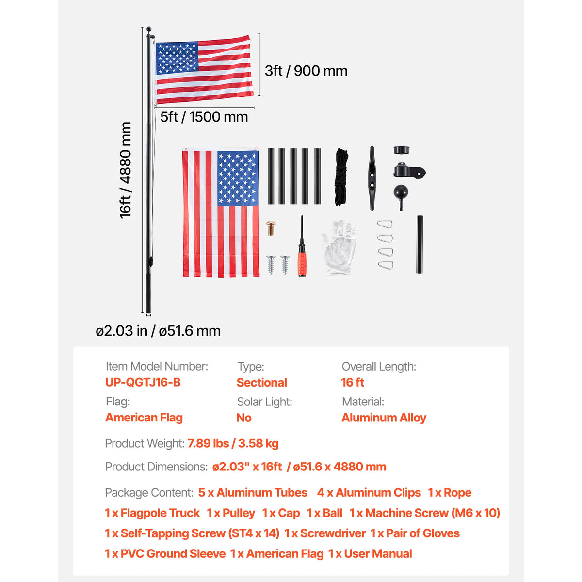 VEVOR Aluminum Flagpole Kit With American Flag For Yard