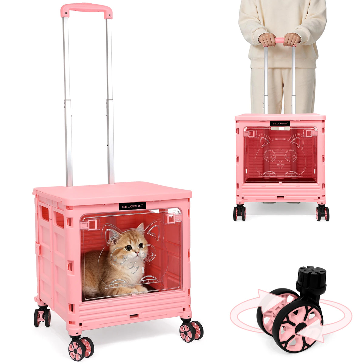 2-in-1 Foldable Shopping Cart & Rolling Pet Carrier, 55L Collapsible Utility Cart with Wheels, Pet Carrier with Telescopic Handle for Cats & Small Dogs, Portable Grocery Cart for Picnic, Travel