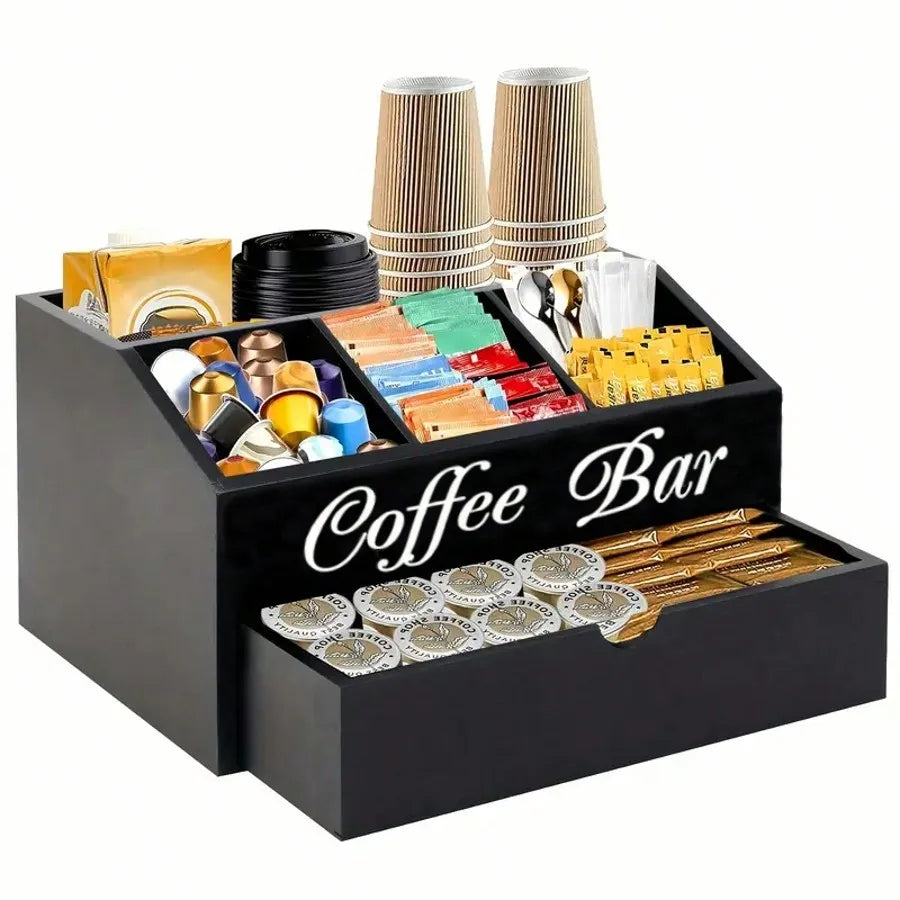 Coffee Bar Organizer Countertop Farmhouse Wooden Coffee Station Box Black Cursive Letter Printed Compartments Drawer For Coffee Pods Sugar Tea Cups Condiments Kitchen Office Counter Decor Housewarming Gift