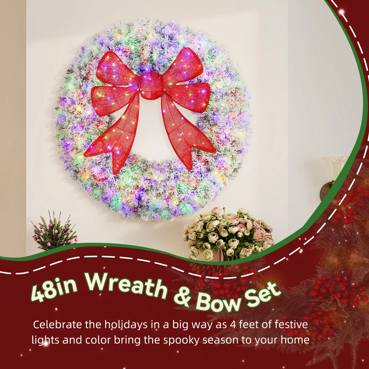 Homcom 48in Flocked Pre-Lit Artificial Christmas Wreath with 3D Red Bow
