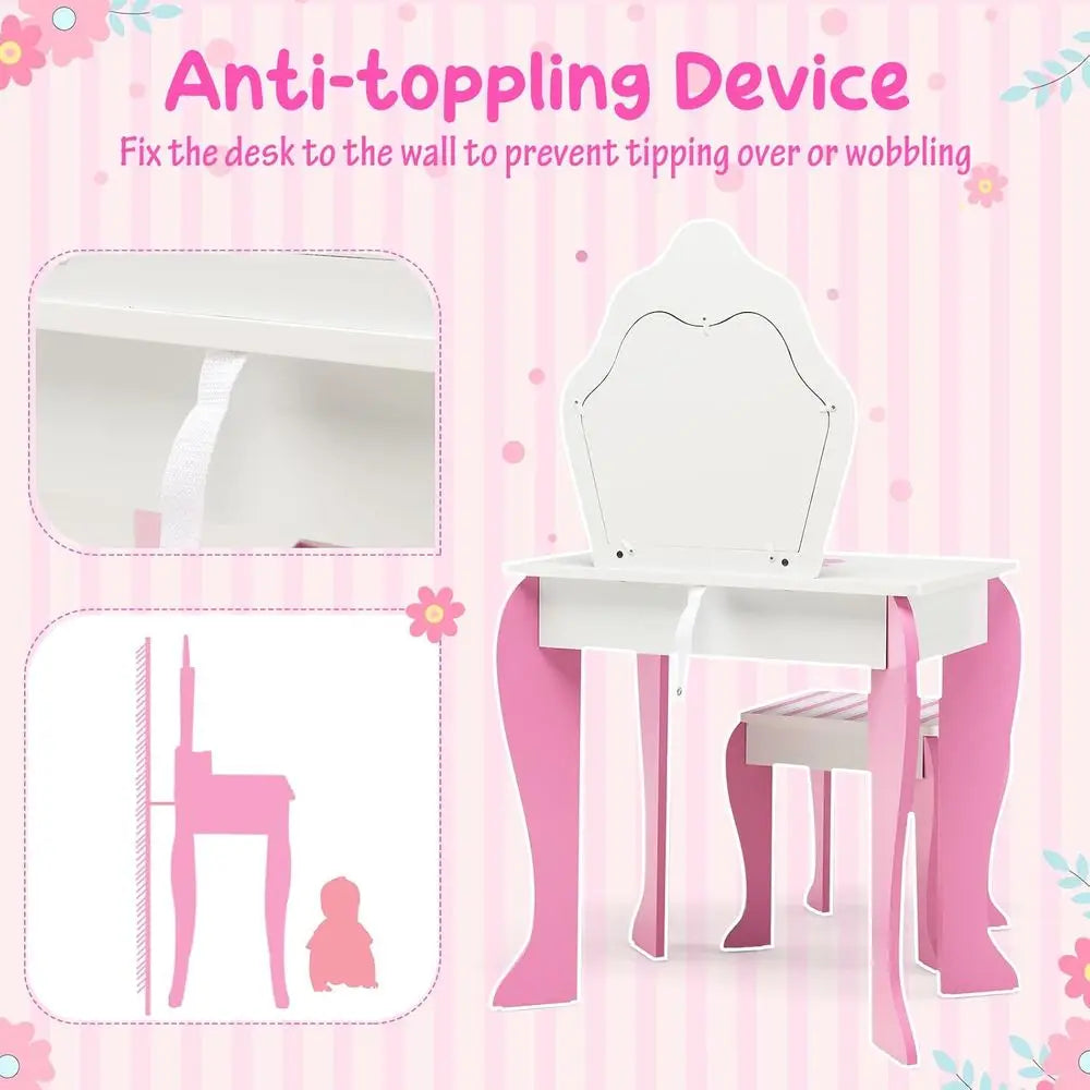 Kids Vanity, Girls Vanity Set with Mirror and Stool, Storage Der, Wooden PrincMakeup Dring Table, Kids Vanity Table and Chair Se