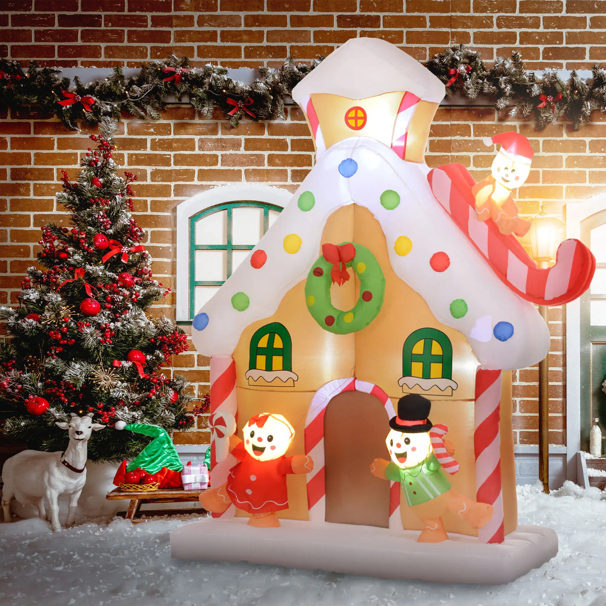 Outsunny 7FT Christmas Inflatable Gingerbread House, Giant Christmas Inflatables, Huge Blow Up Christmas Decorations with Built-in LED Lights for Indoor, Outdoor, Yard, Party