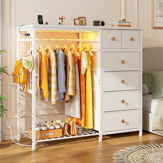 EnHomee 6-Drawer Fabric Dresser with Hanging Rack – 49.2"W, LED Lighting & Charging Station, Grid Panel plus 4 Hooks – For Bedroom or Entryway
