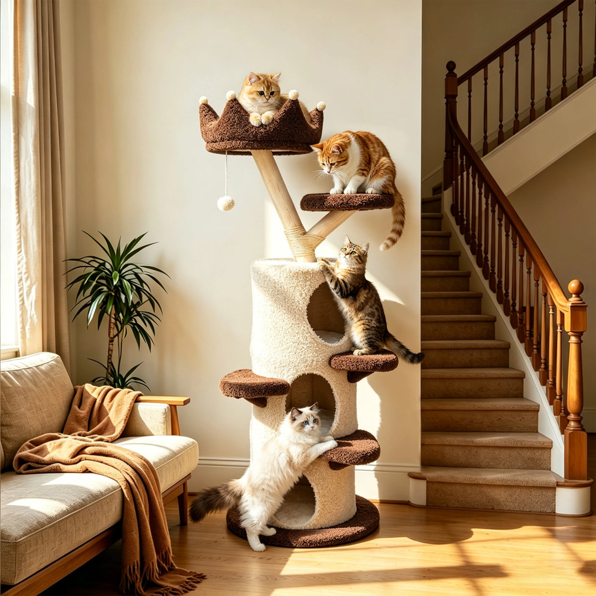 Bingopaw 160 cm Cat Tree for Indoor Cats, Multi-Level Cat Tower with 3 Condos, Crown Top Perch, Scratching Post, Climbing Steps and Hanging Toy, Cream and Dark Brown