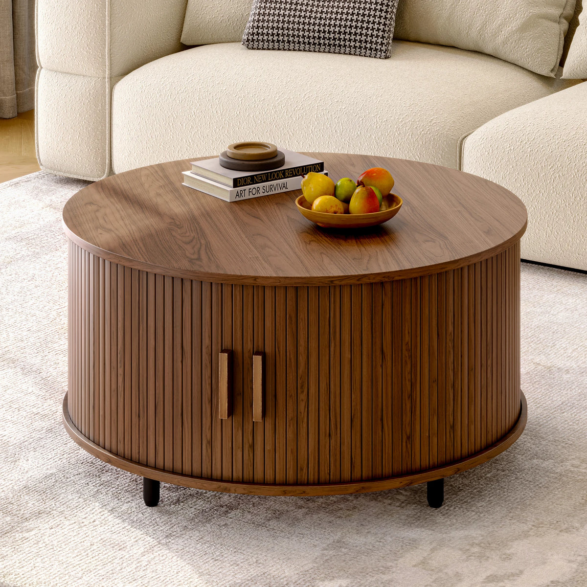 ONBRILL Modern Coffee Table With Storage And Curved Sliding Door