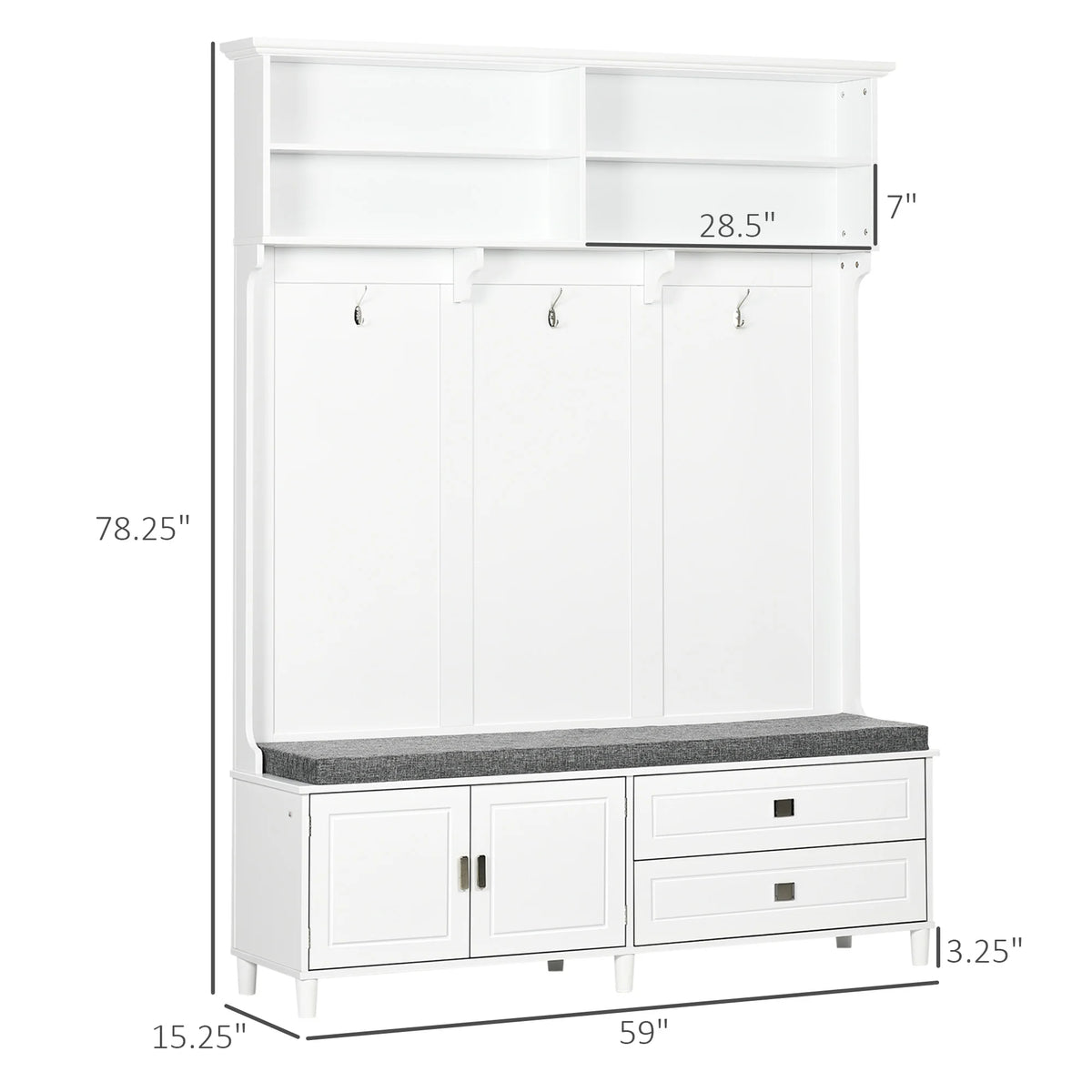 Hall Tree with Storage Bench, Entryway Bench with Coat Rack, Accent Coat Tree with Storage Shelves, Cabinet and Drawers for Hallway, Mudroom, White