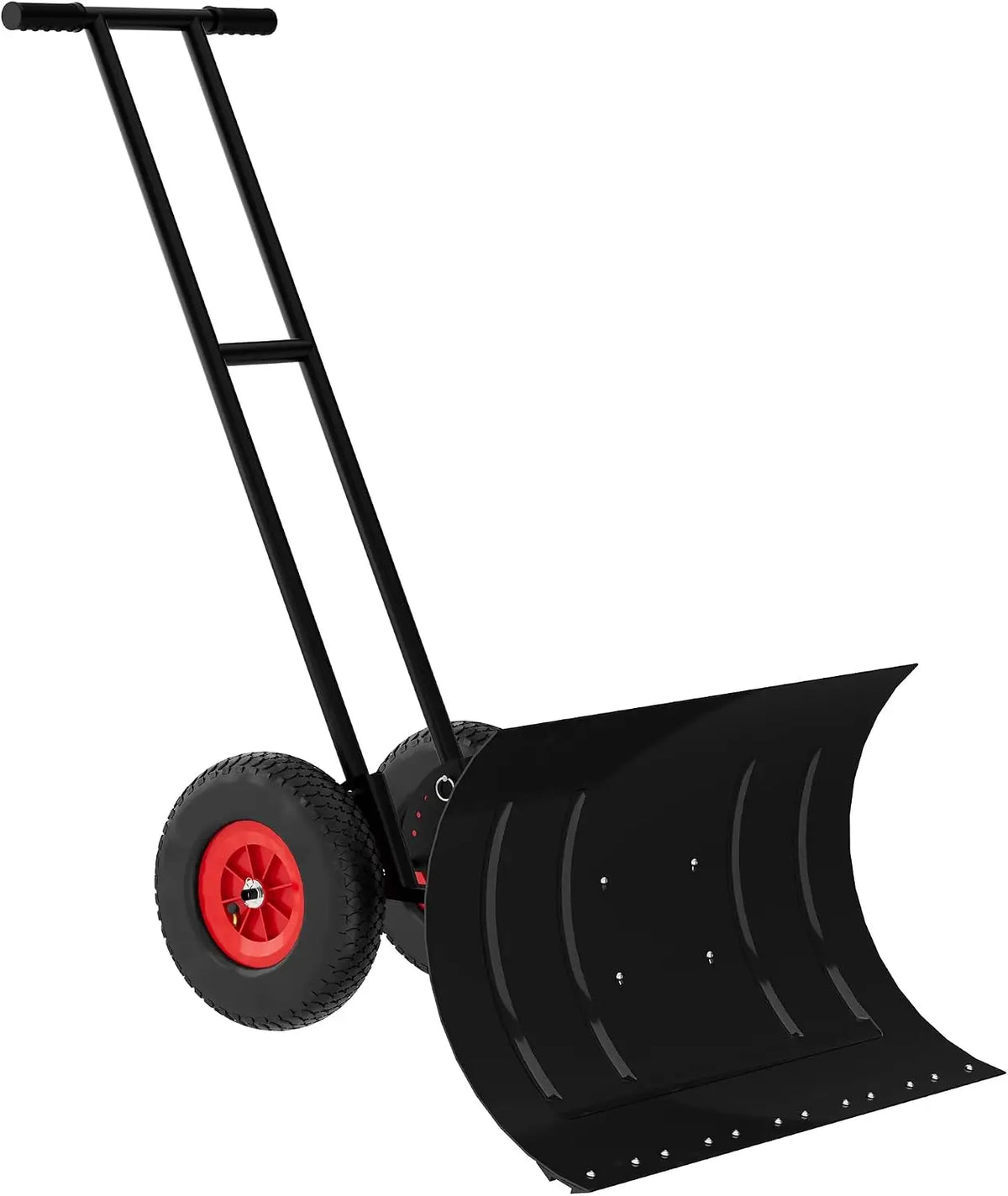 Wheeled Metal Snow Pusher with Adjustable Handle for Driveway Clearing