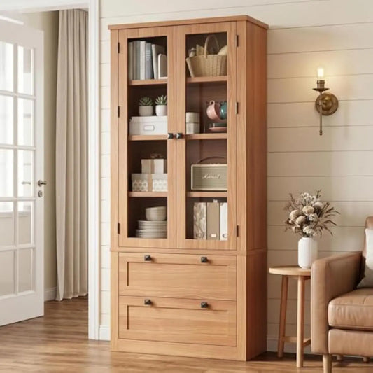 Freestanding Storage Cabinet With Glass Doors Drawers And Adjustable Shelves
