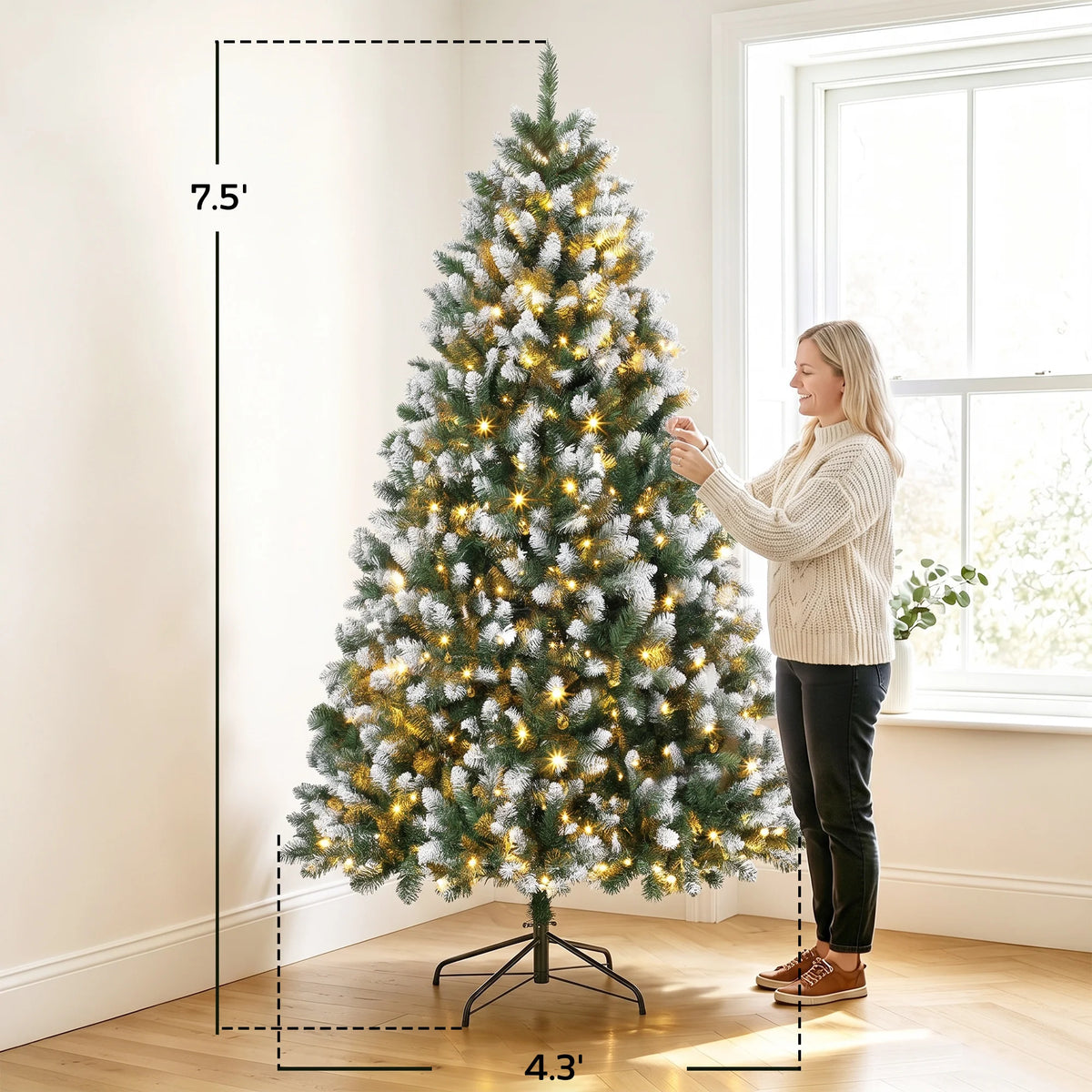 HOMCOM 7.5ft Pre-lit Artificial Christmas Tree, White-Tipped Hinged Full Xmas Tree with 1378 Tips, 11 Modes, 400 LED Lights, Remote, Foldable Metal Stand, Home Office Holiday Decoration