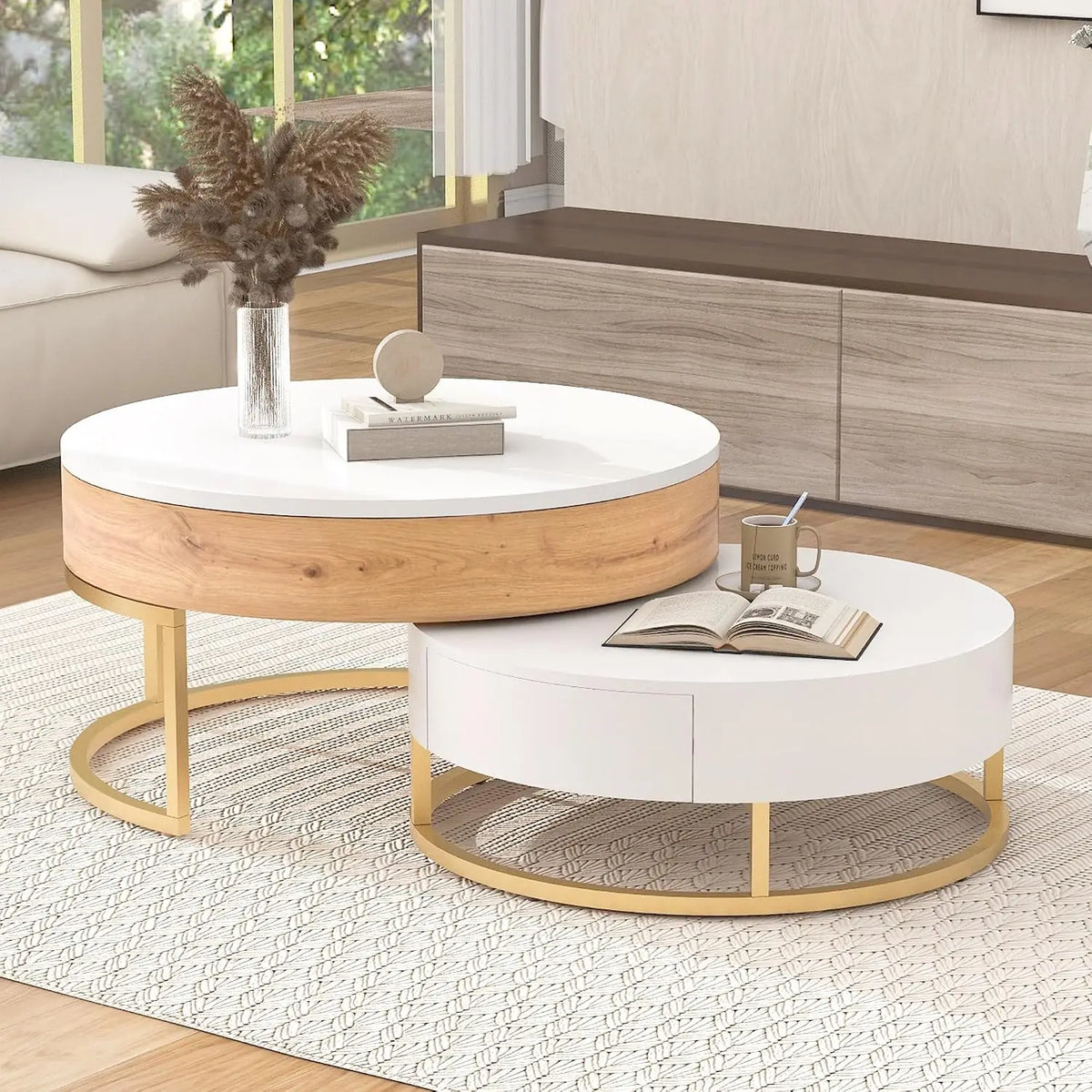 Modern Round Nesting Coffee Table with Marble Top, White & Gold Nesting Coffee Table Set of 2 Center Table with, Customized
