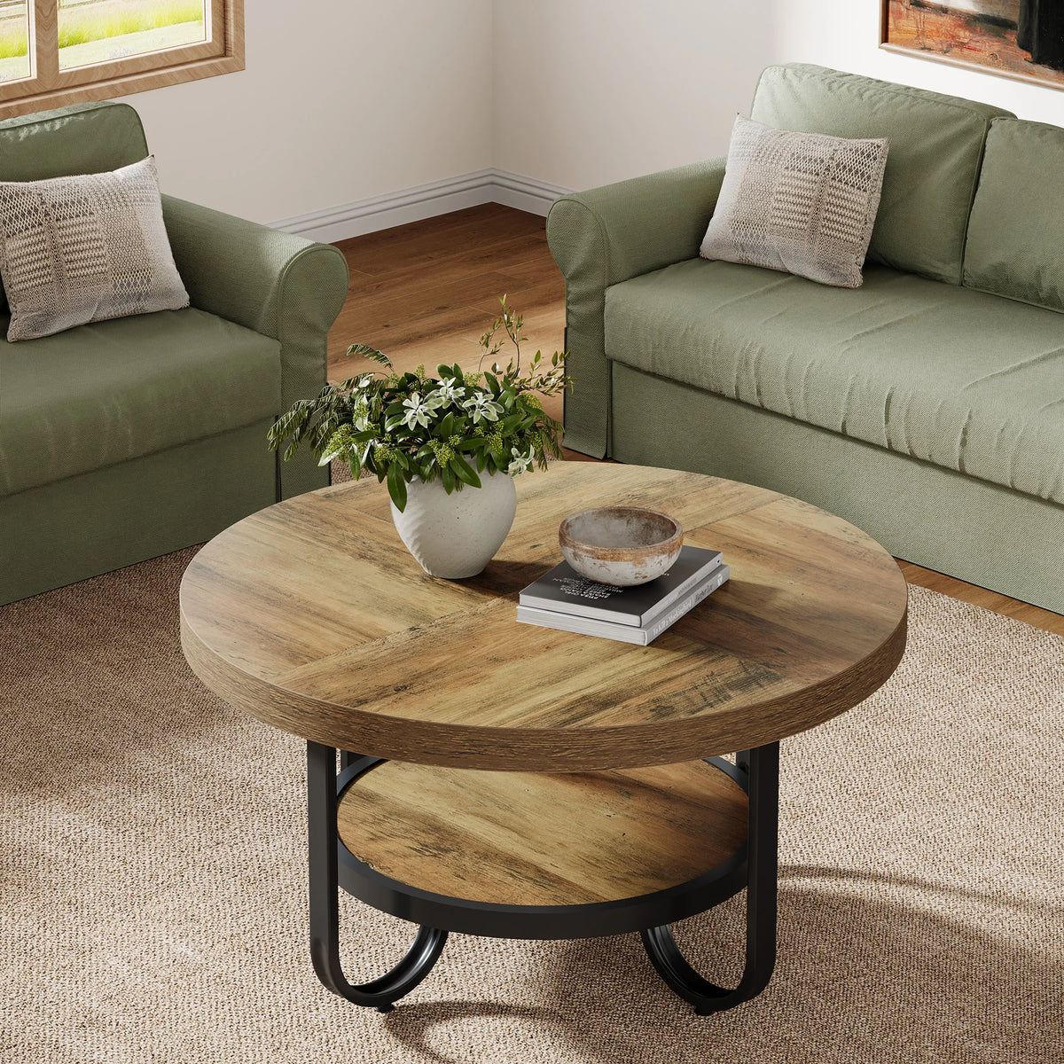 Tribesigns Round Coffee Table With Two Tier Storage Shelf