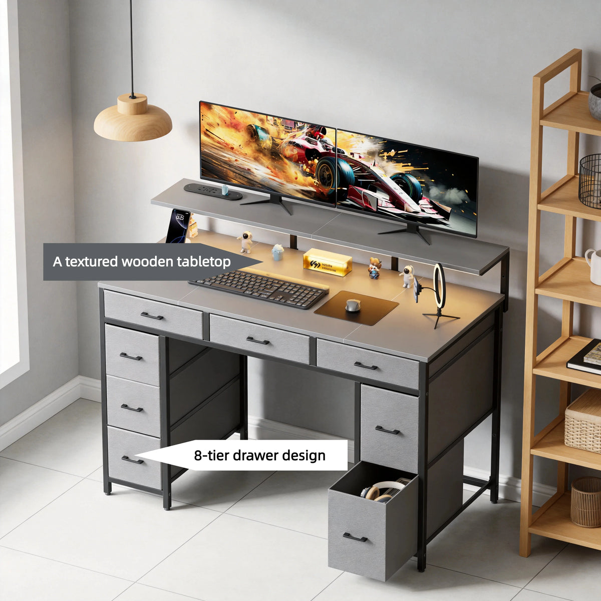 47Inch Computer Desk with Storage Drawers, Gaming Desk with LED Lighting and USB Ports, Home Office Desk with Monitor Stand, Suitable for Studies, Available in 4 Colours