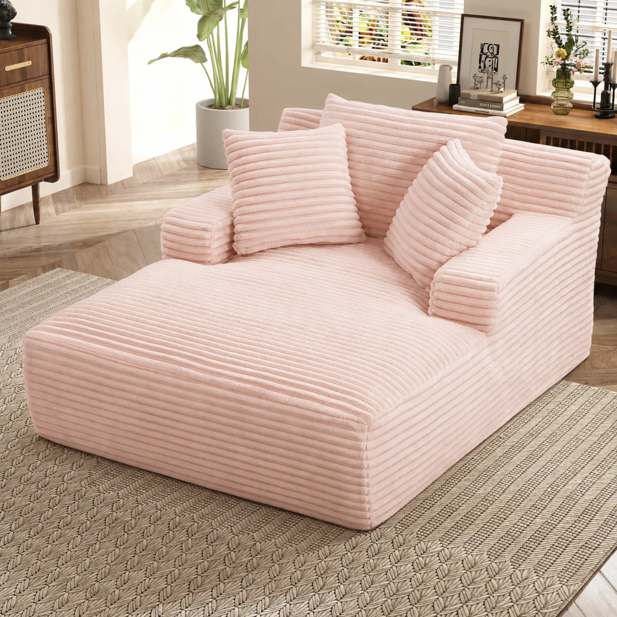 66" Oversized Chaise Lounge Chair Corduroy Oversized Boneless Couch Sofa Bed Reading Chair Sleeper Chaise with 3 Pillows, Blue