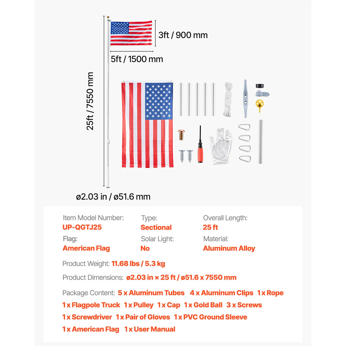 VEVOR Aluminum Flagpole Kit With American Flag For Yard