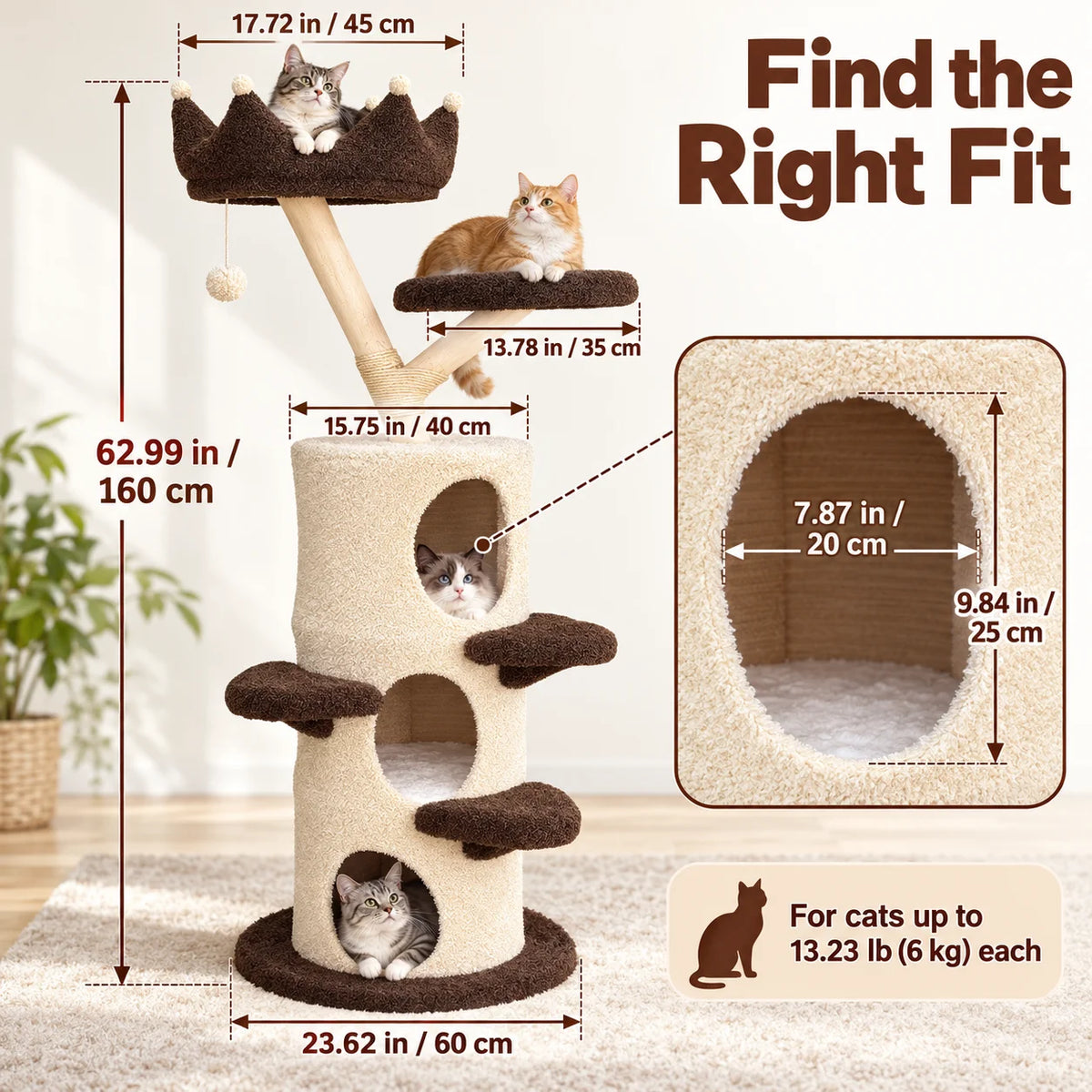 Bingopaw 160 cm Cat Tree for Indoor Cats, Multi-Level Cat Tower with 3 Condos, Crown Top Perch, Scratching Post, Climbing Steps and Hanging Toy, Cream and Dark Brown