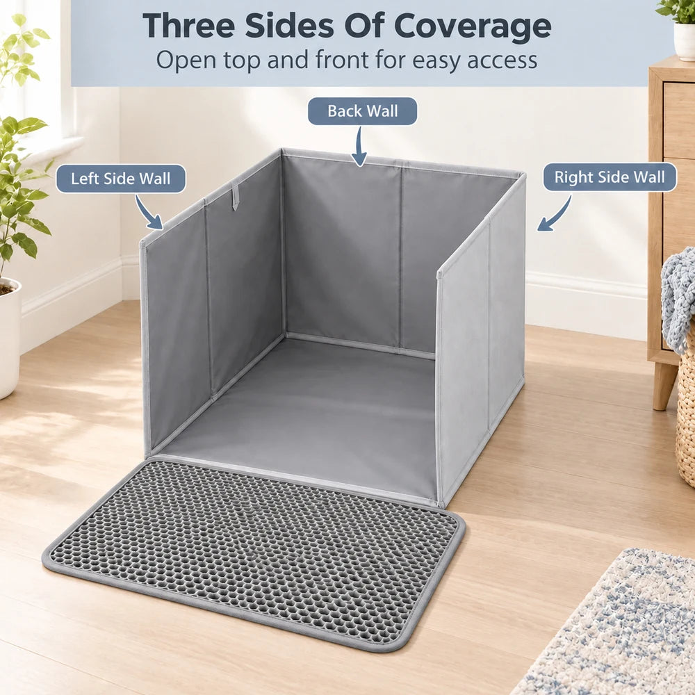Cat Litter Box Splash Guard Foldable Open Top Enclosure With Floor Liner And Honeycomb Litter Mat For Indoor Cats Easy Clean Litter Area