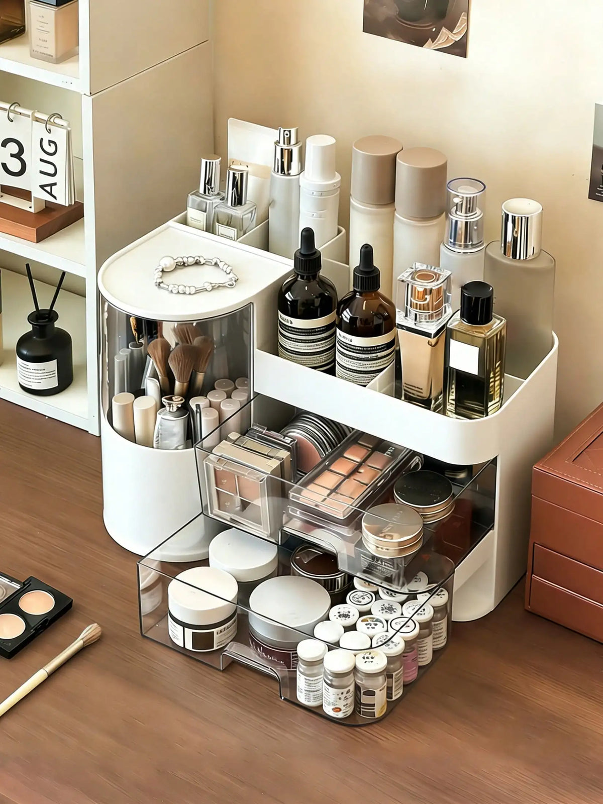 White Makeup Organizer for Vanity, Large Capacity Bathroom Countertop Cosmetic Storage Box with Drawers & Brush Holder, Skincare Organizer for Lipstick, Nail Polish & Eyeshadow