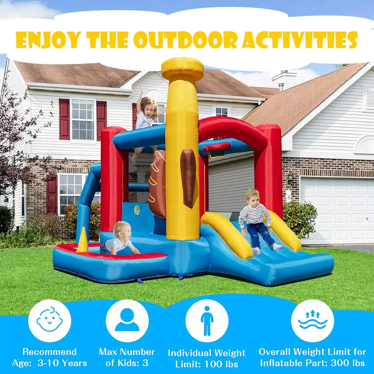 Inflatable Bounce House With Slide And Blower For Kids