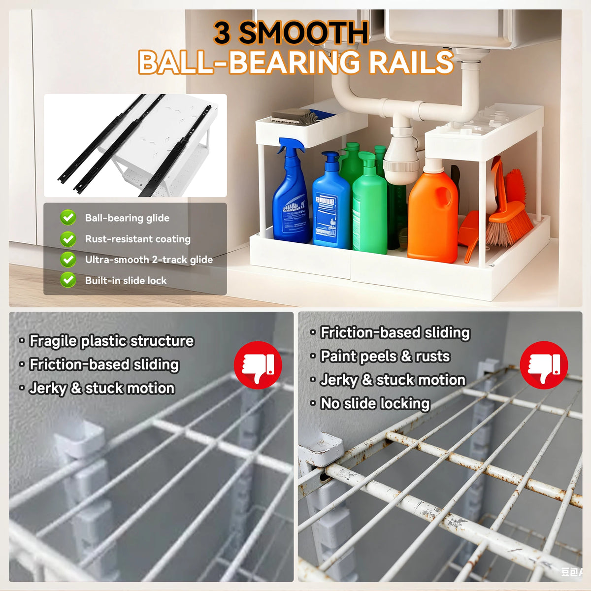 Under Sink Organizer Storage, 2 Tier U-Shape Expandable Multi-Purpose Large Capacity Kitchen Under Sink Organizers for Narrow Space Easy Access Sliding Storage Drawer with Hooks