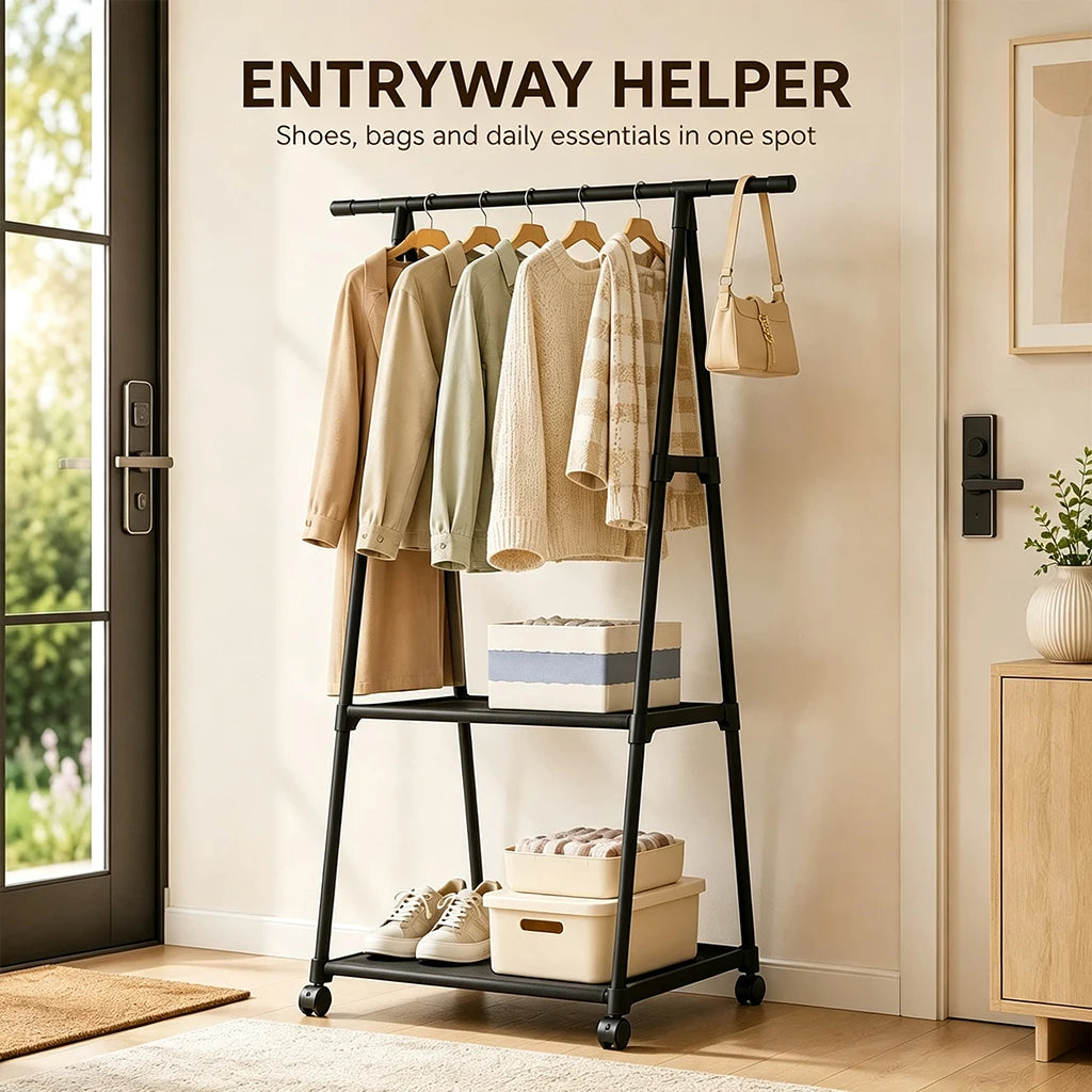 Portable Rolling Clothes Rack with 2 Storage Shelves - Heavy Duty Metal Garment Organizer on Wheels, Freestanding Hanging Stand for Bedroom Closet