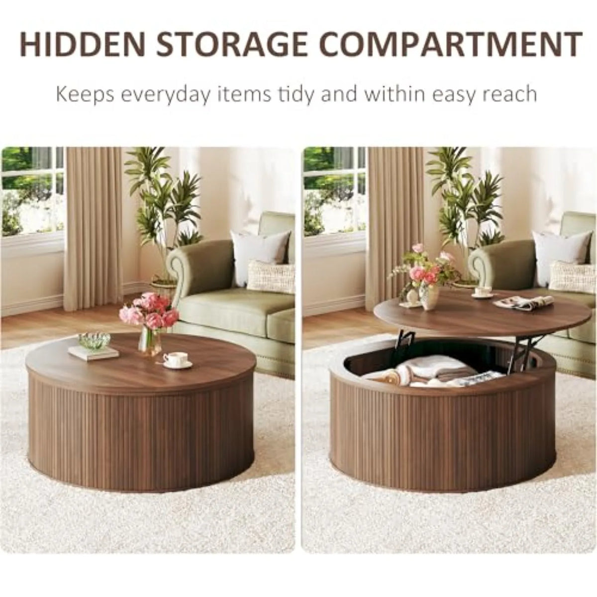 Coffee Table with Storage, 37.4" Lift Top Table for Living Room, Mid Century Modern Coffee Table with Sliding Fluted Doors