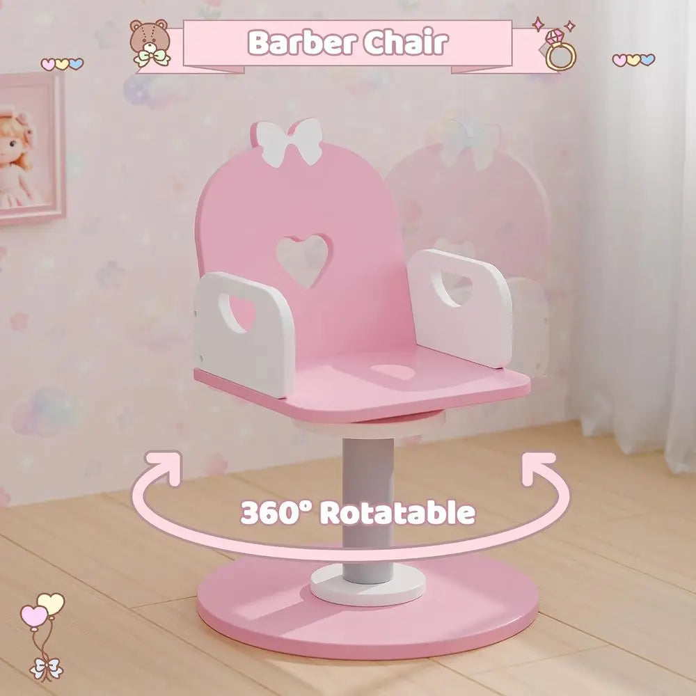 Kids Vanity Set with Light and Barber Chair, Pink Makeup Dring Vanity Table with Storage Shel and Hair Sn Play Set 7 pcs Accorie