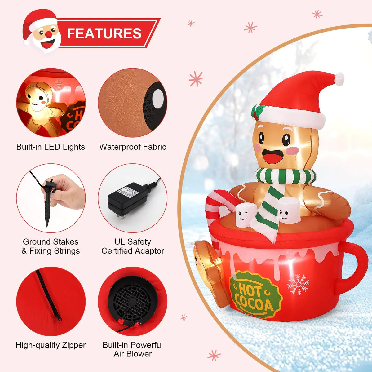 6FT Prelit Gingerbread Man in Hot Cocoa Mug Christmas Inflatable Built In LED Lights Easy Setup Blow Up Outdoor Yard Decor for Lawn Garden Patio Holiday Party Winter Festival Display Supplies