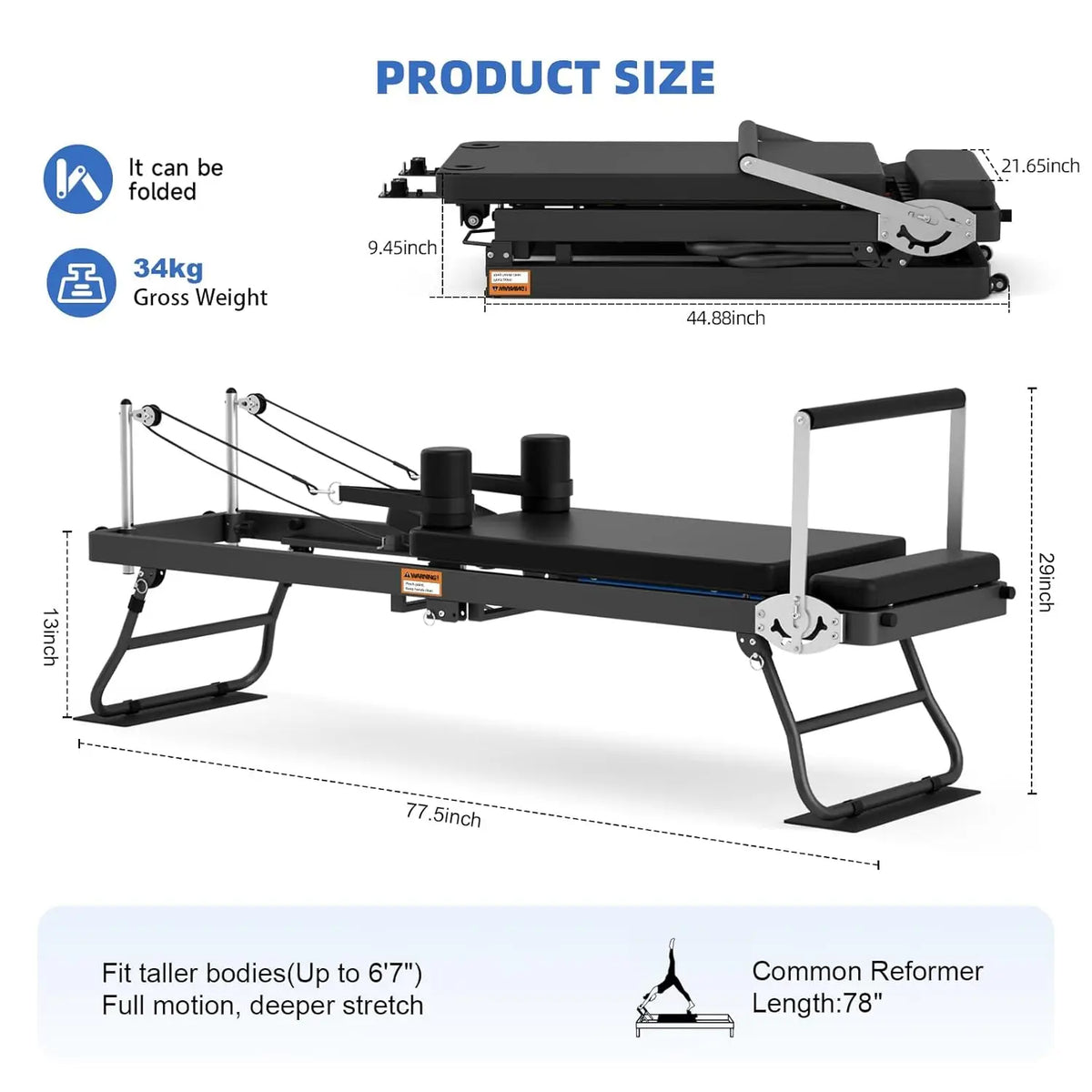 Foldable Pilates Reformer Machine With Adjustable Resistance Bands