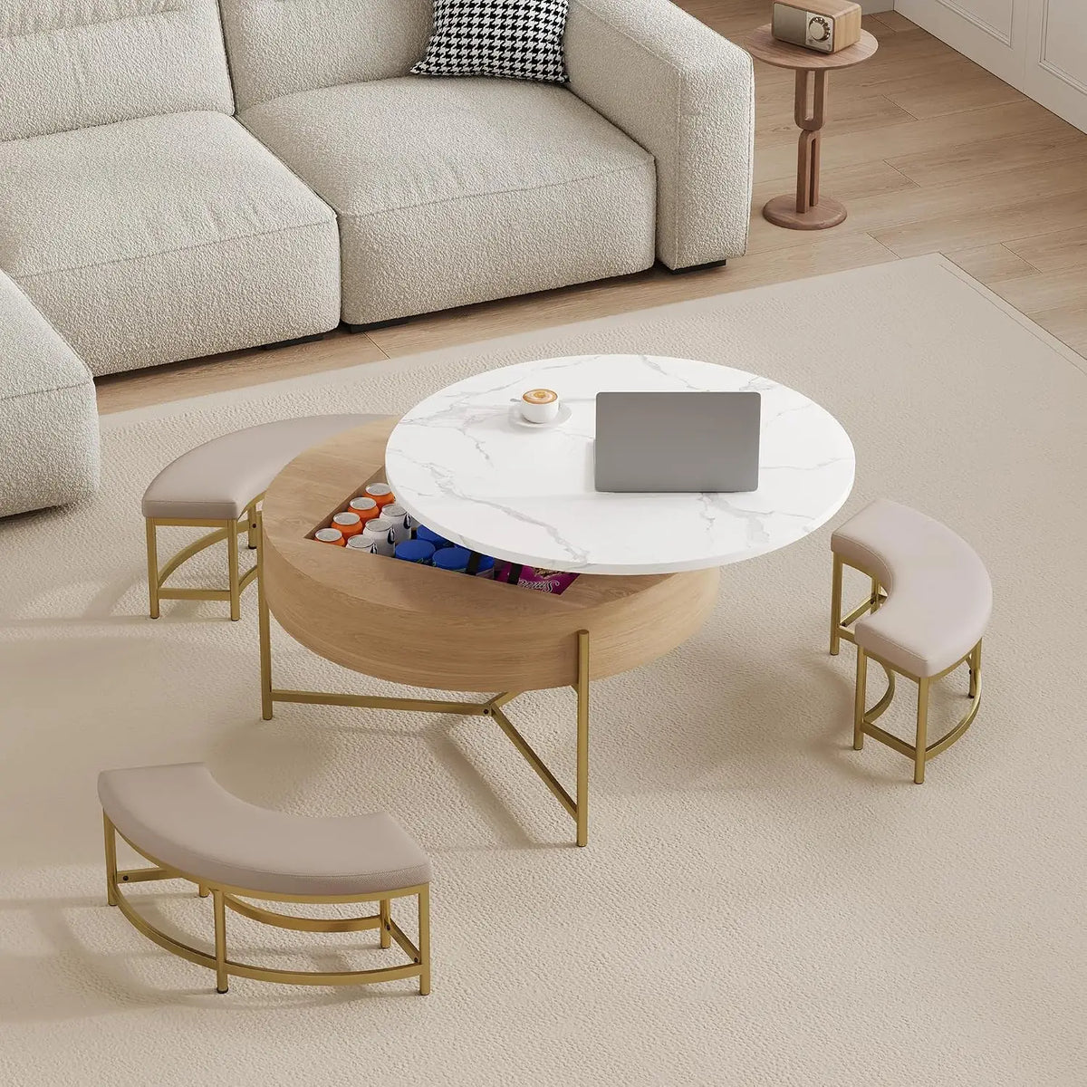 Modern Round Nesting Coffee Table with Marble Top, White & Gold Nesting Coffee Table Set of 2 Center Table with, Customized