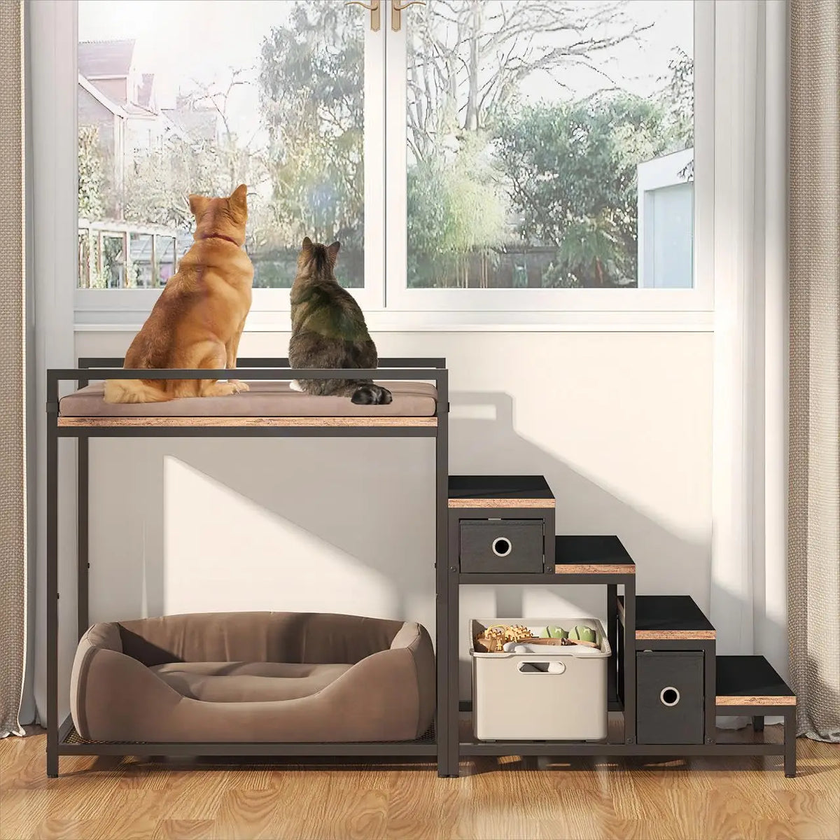 Pet Bunk Bed with 2 Drawers & Removable 4-Step Stairs, Dog/Cat Window Perch with Soft Cushion, Non-Slip Metal Frame, 60 LBS Capacity