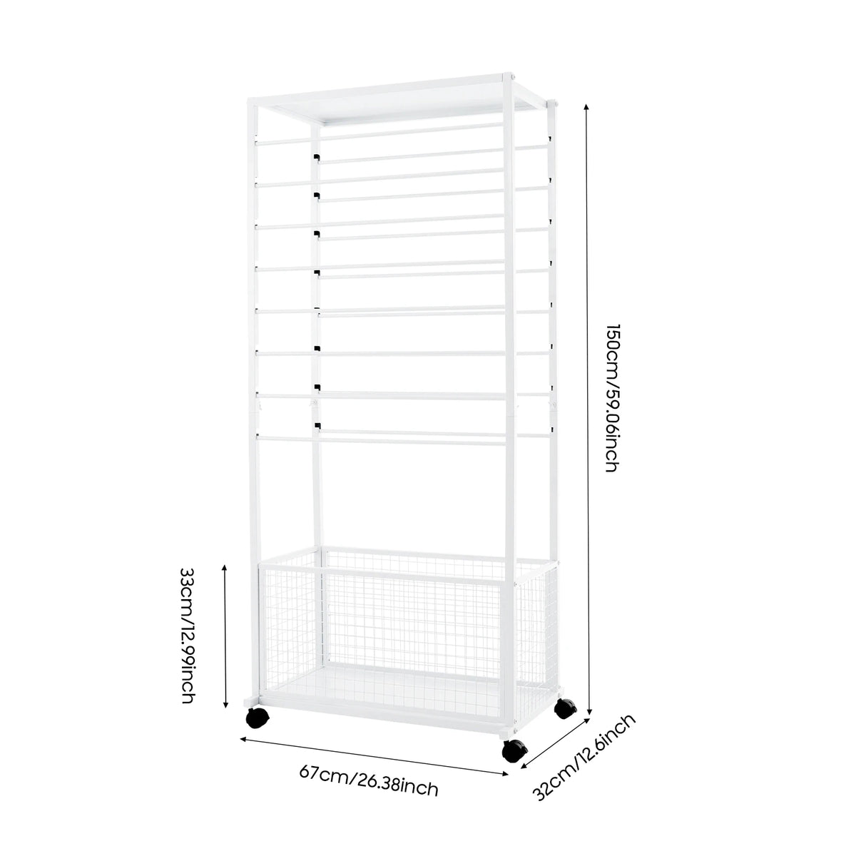 16 Tier Double-sided Ribbon Storage Rack, 67x32x150cm Baking Paint Iron Display Stand, Adjustable Crossbars Lockable Swivel Wheels Top Shelf Bottom Basket For Florist Wrapping Paper Organizing